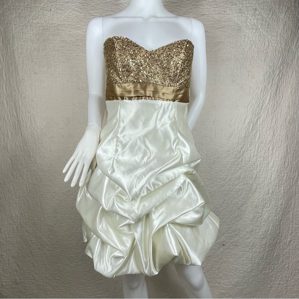 VTG Y2K Jessica McClintock Ivory Gold Sequin Strapless Dress Coquette Party Girl